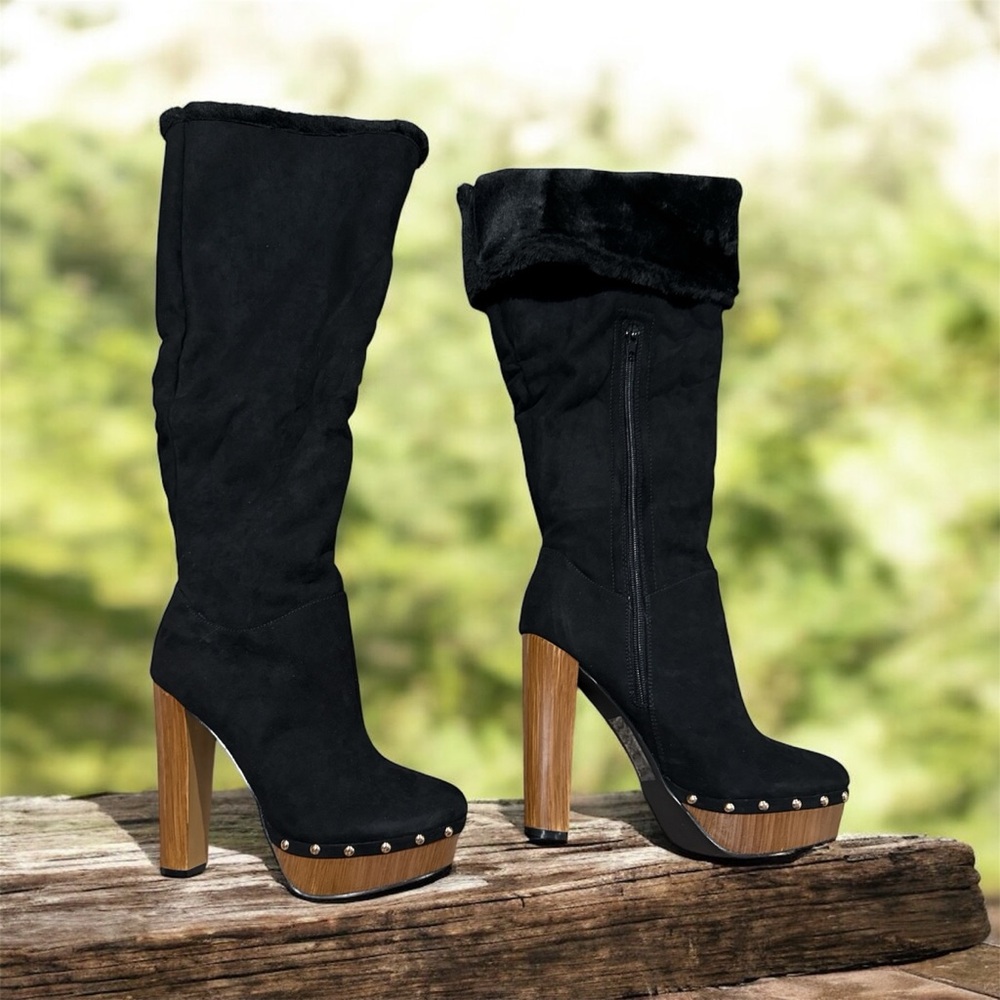 Knee high faux fur and suede platform boot CAN BE WORN FLIPPED DOWN